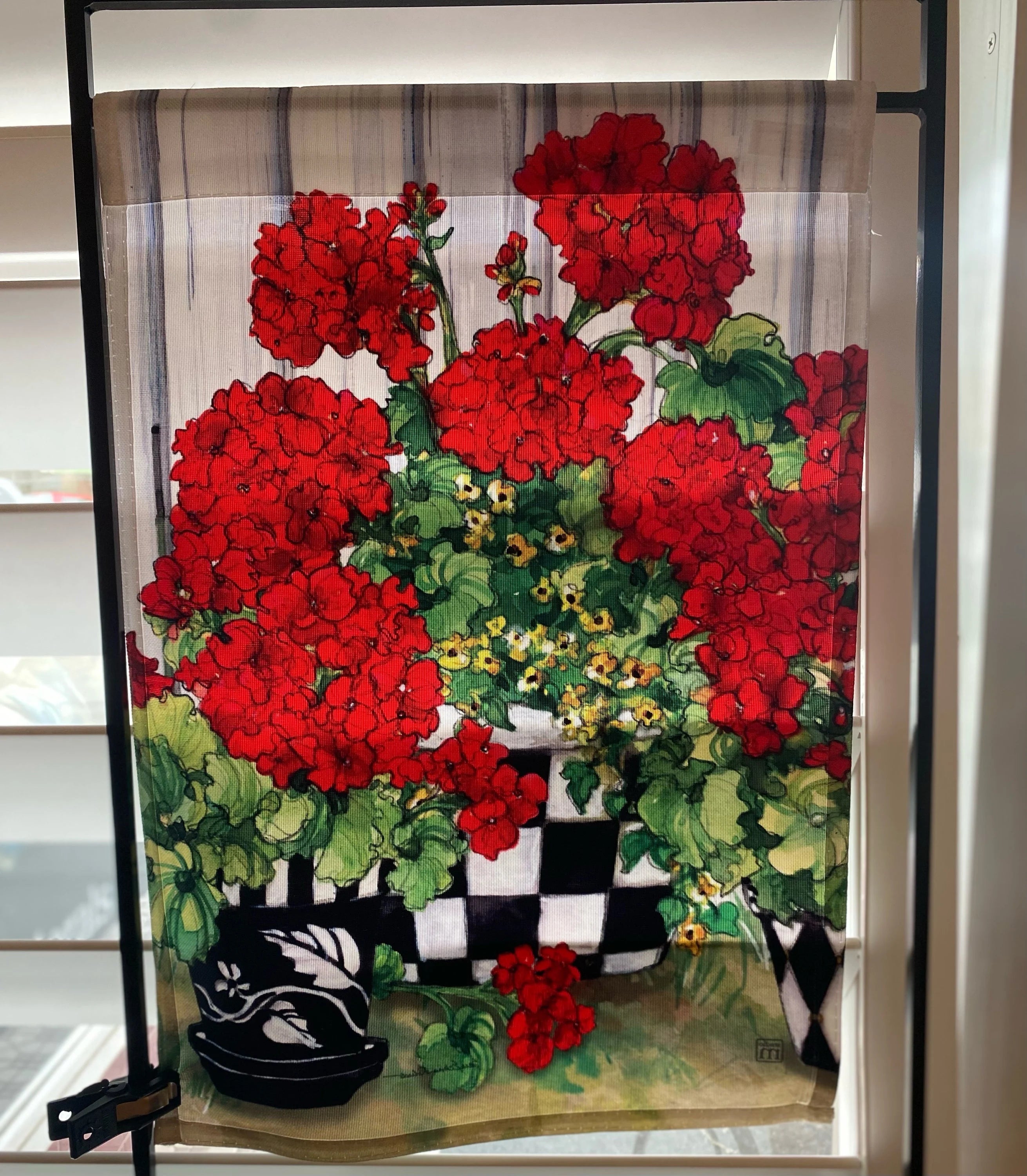 Red Geraniums Outdoor Flag with Black and White Check Pot