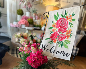 Bright Pink Roses Welcome Outdoor Flag