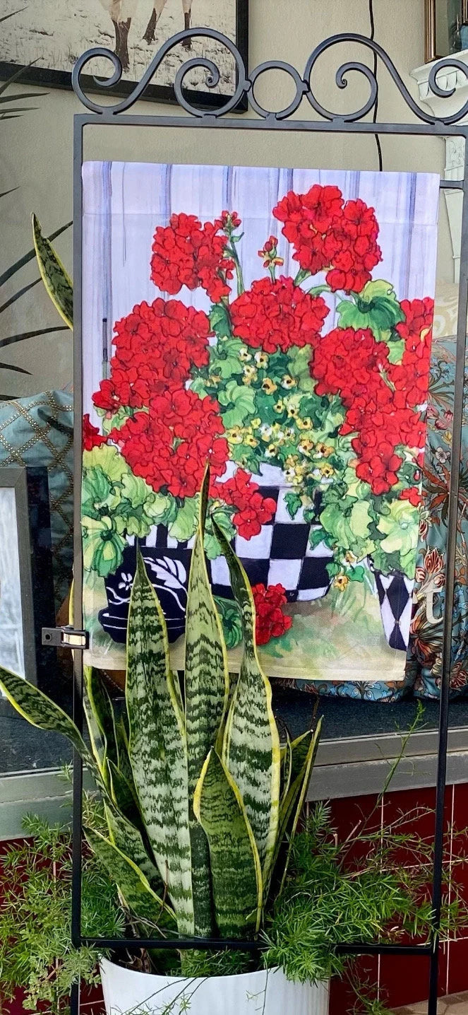 Red Geraniums Outdoor Flag with Black and White Check Pot