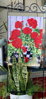 Load image into Gallery viewer, Red Geraniums Outdoor Flag with Black and White Check Pot
