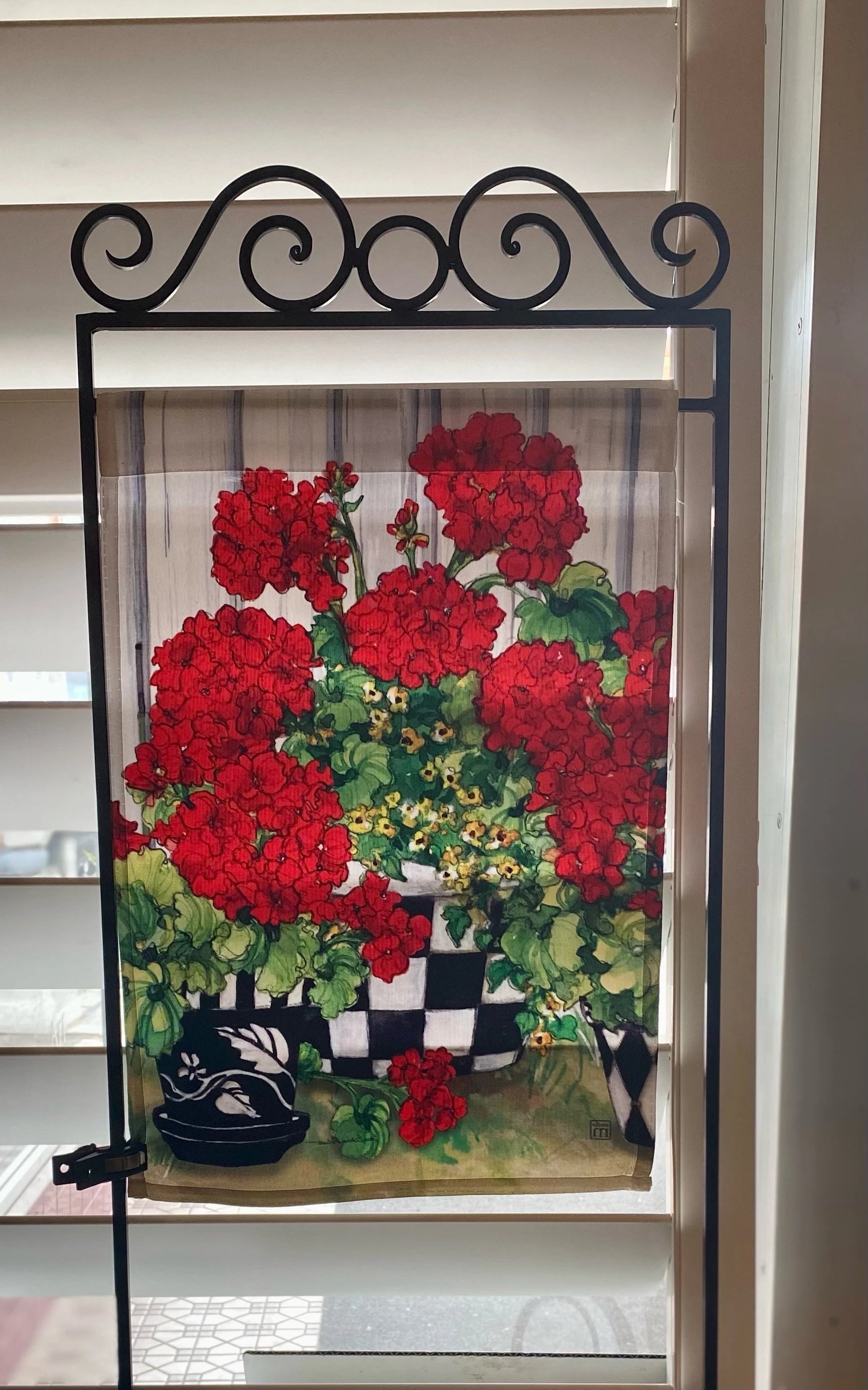 Red Geraniums Outdoor Flag with Black and White Check Pot