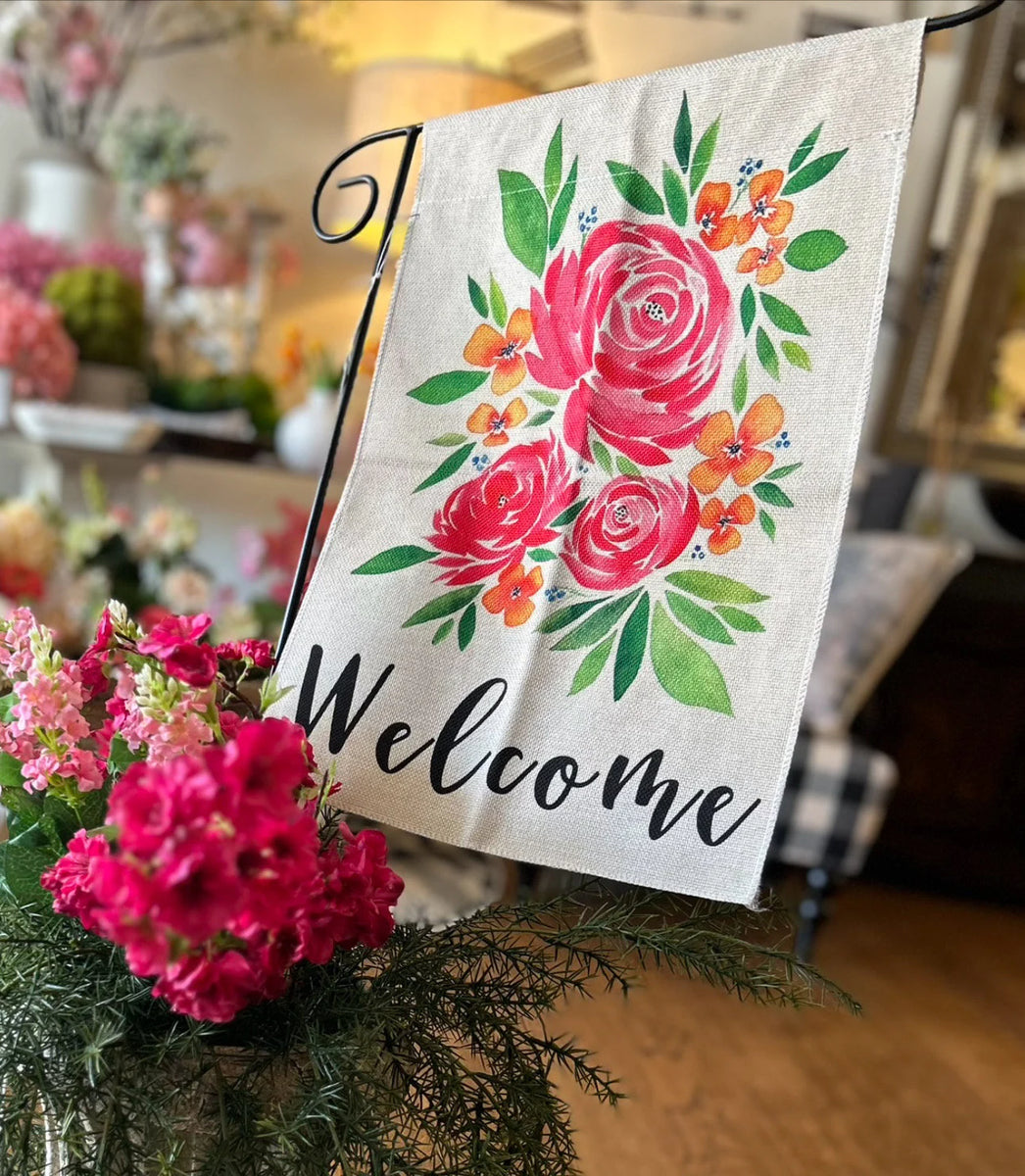 Bright Pink Roses Welcome Outdoor Flag – MelizaInteriorsInc