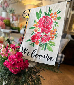 Bright Pink Roses Welcome Outdoor Flag