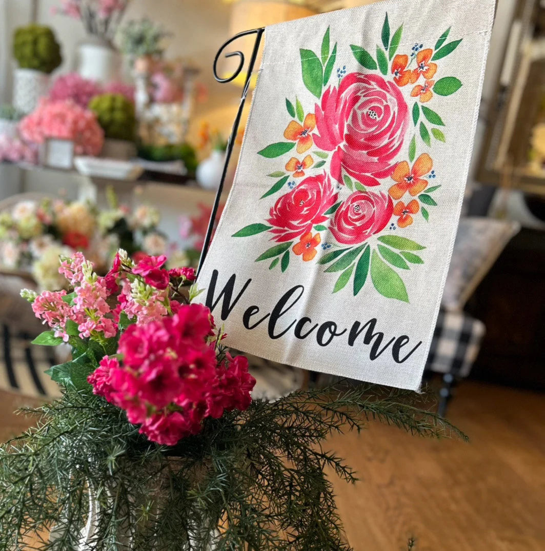 Bright Pink Roses Welcome Outdoor Flag