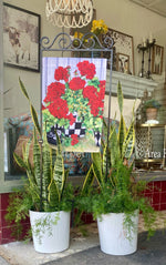 Load image into Gallery viewer, Red Geraniums Outdoor Flag with Black and White Check Pot
