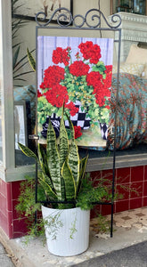 Red Geraniums Outdoor Flag with Black and White Check Pot