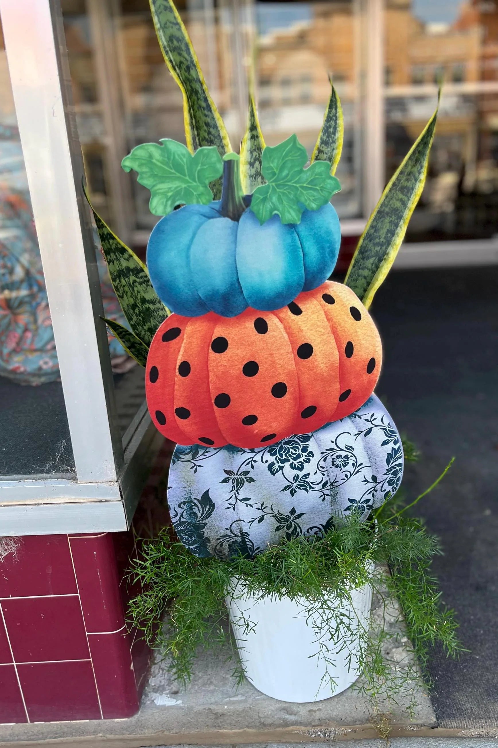 Pumpkins Topiary Stack Blue, Gray Floral, Orange Polka Dots Metal Stake