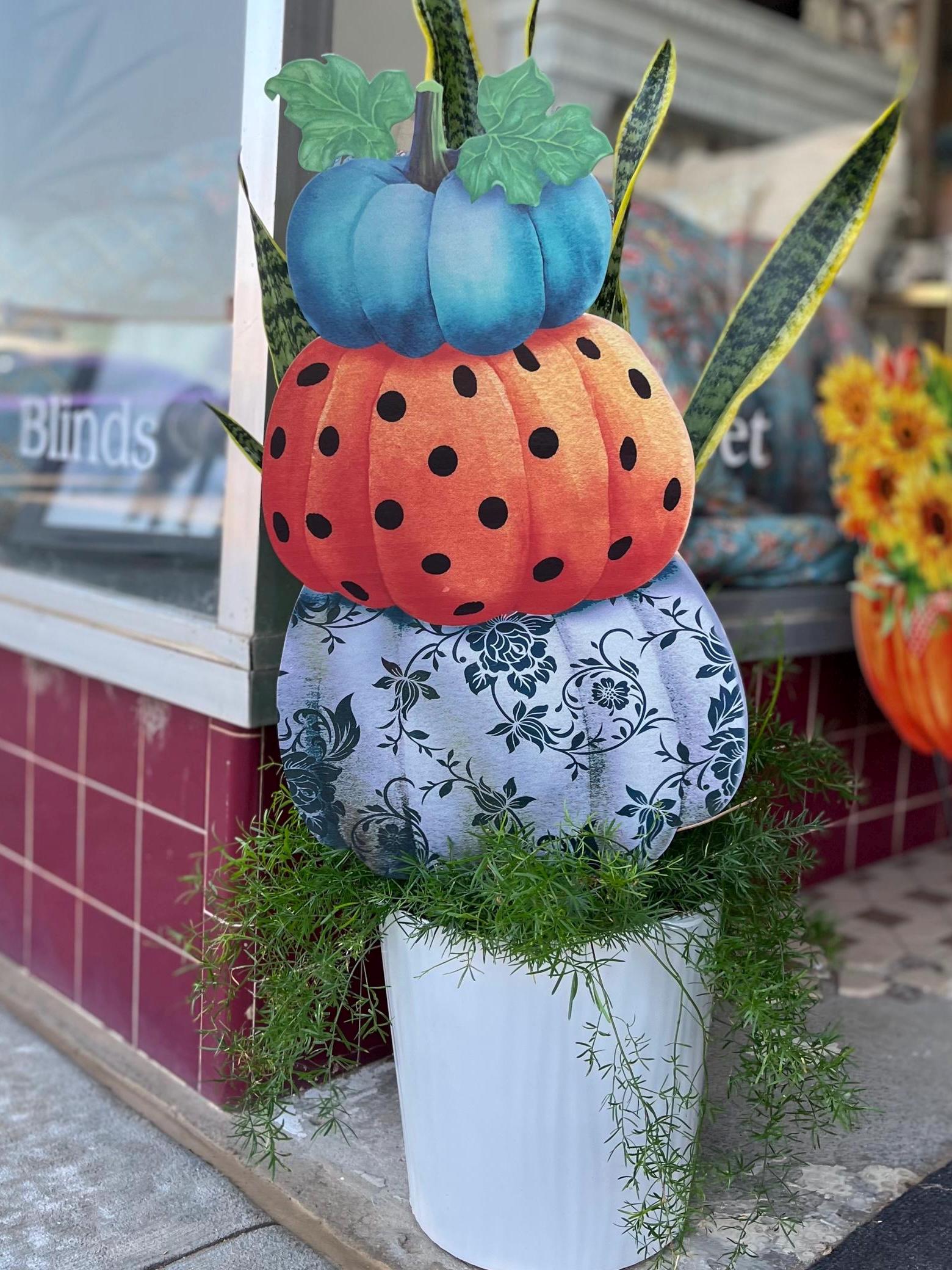 Pumpkins Topiary Stack Blue, Gray Floral, Orange Polka Dots Metal Stake