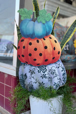 Load image into Gallery viewer, Pumpkins Topiary Stack Blue, Gray Floral, Orange Polka Dots Metal Stake
