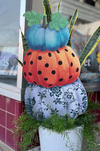 Pumpkins Topiary Stack Blue, Gray Floral, Orange Polka Dots Metal Stake