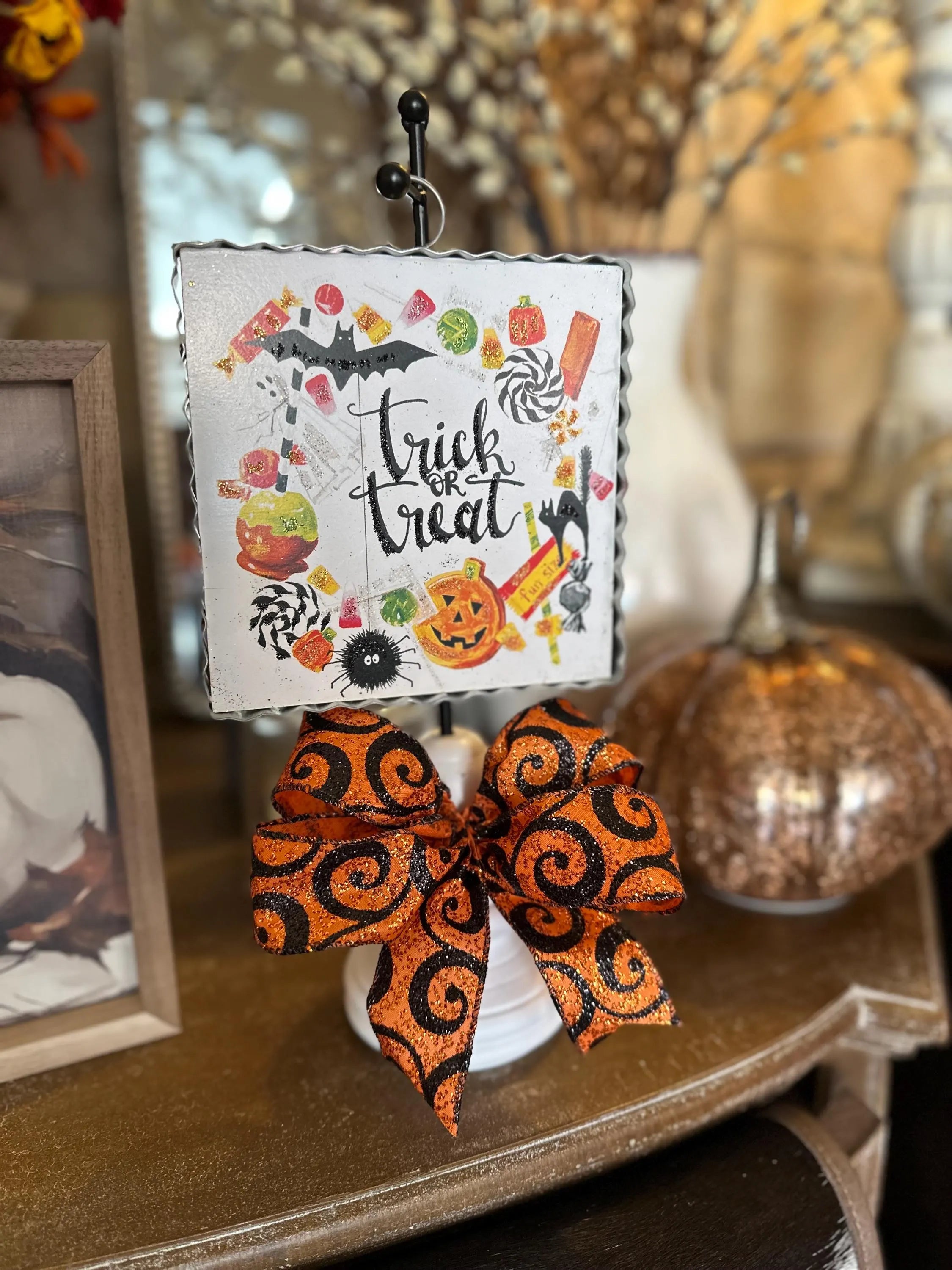 Bow Whimsical Mini Print Bow Orange, and Black Scroll Halloween Bow
