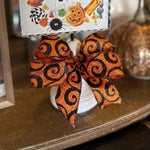 Load image into Gallery viewer, Bow Whimsical Mini Print Bow Orange, and Black Scroll Halloween Bow
