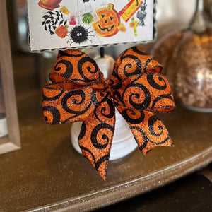 Bow Whimsical Mini Print Bow Orange, and Black Scroll Halloween Bow