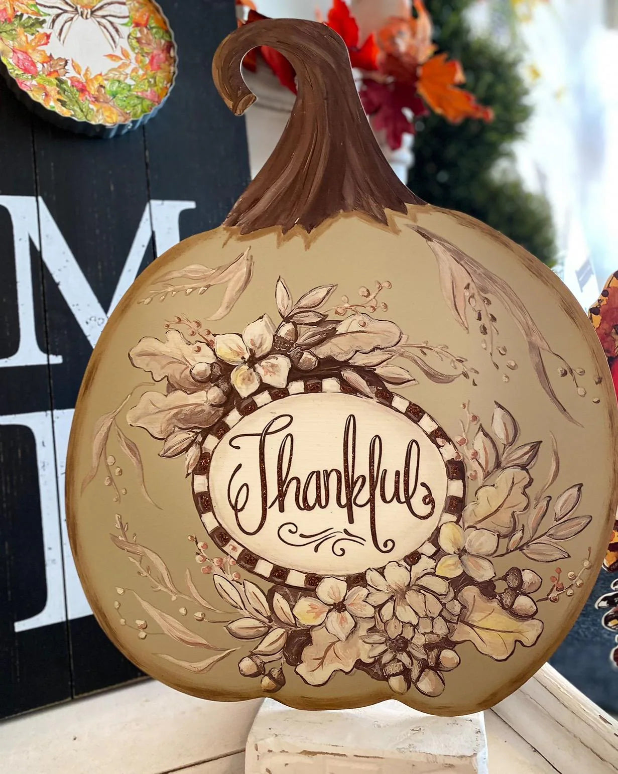 "Thankful" Brown Metal Pumpkin Stake