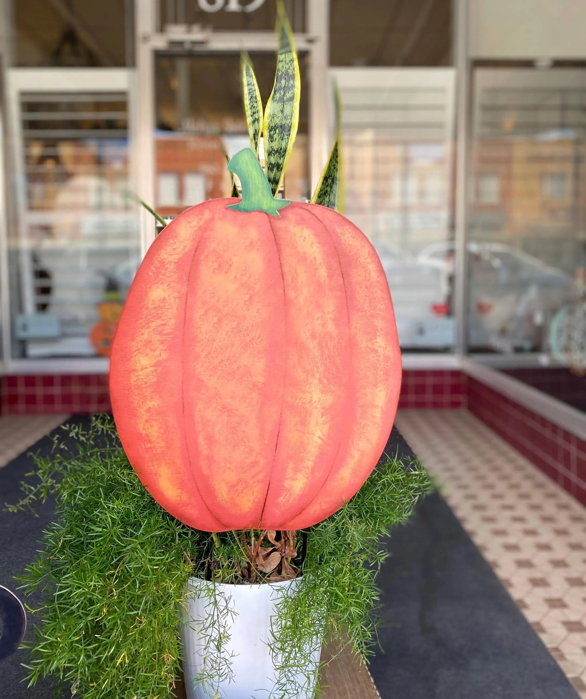 Pumpkins Topiary Stack Blue, Gray Floral, Orange Polka Dots Metal Stake