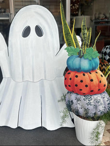 Pumpkins Topiary Stack Blue, Gray Floral, Orange Polka Dots Metal Stake