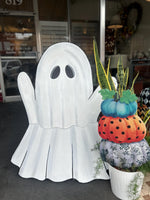 Load image into Gallery viewer, Pumpkins Topiary Stack Blue, Gray Floral, Orange Polka Dots Metal Stake
