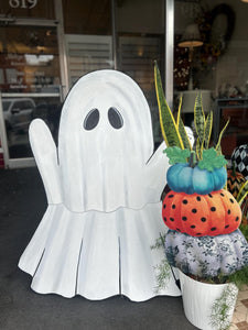 Pumpkins Topiary Stack Blue, Gray Floral, Orange Polka Dots Metal Stake