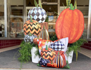 Pumpkins Topiary Stack Blue, Gray Floral, Orange Polka Dots Metal Stake