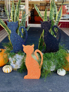 Fall/Halloween: Glittered Black Cat, Orange, & Midnight Set of 3 Metal Stakes