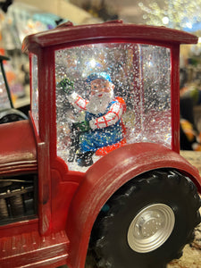 Red or Green Tractor Snow Globe with Santa driving, Tractor lights up