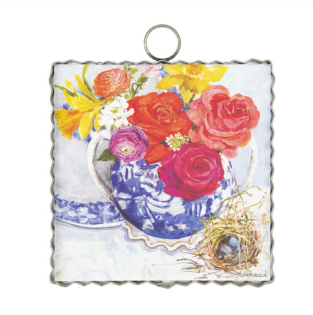 Blue & White Tea Pot with Flowers Mini Print with Galvanized Frame