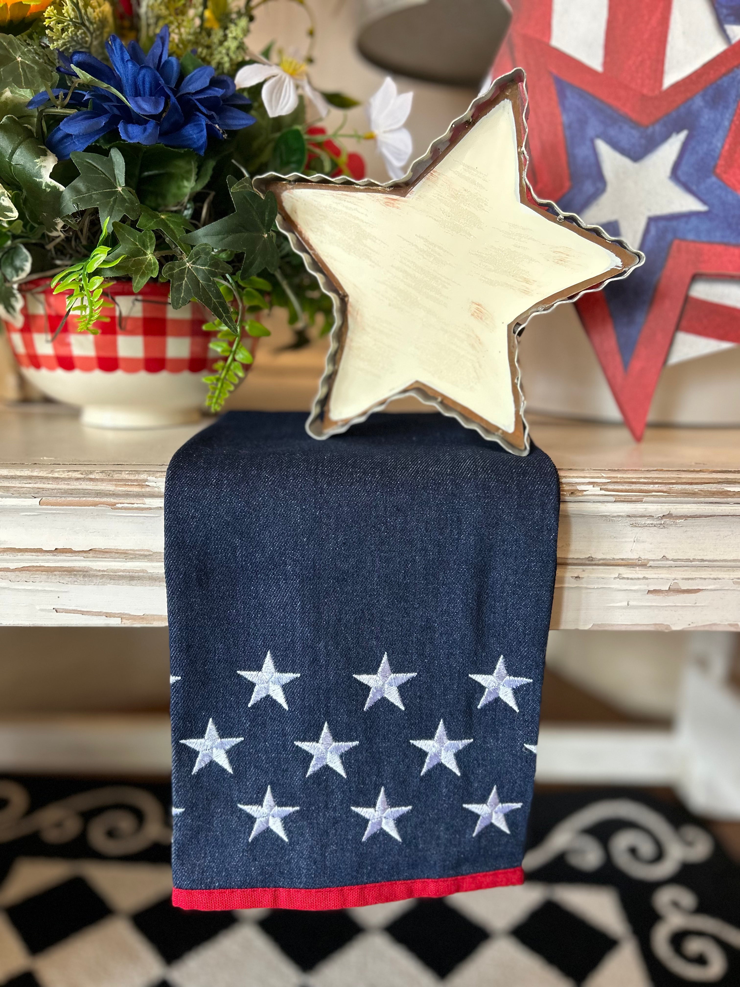 Denim Americana Hand Towel with Stars and Red Trim