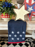 Load image into Gallery viewer, Denim Americana Hand Towel with Stars and Red Trim
