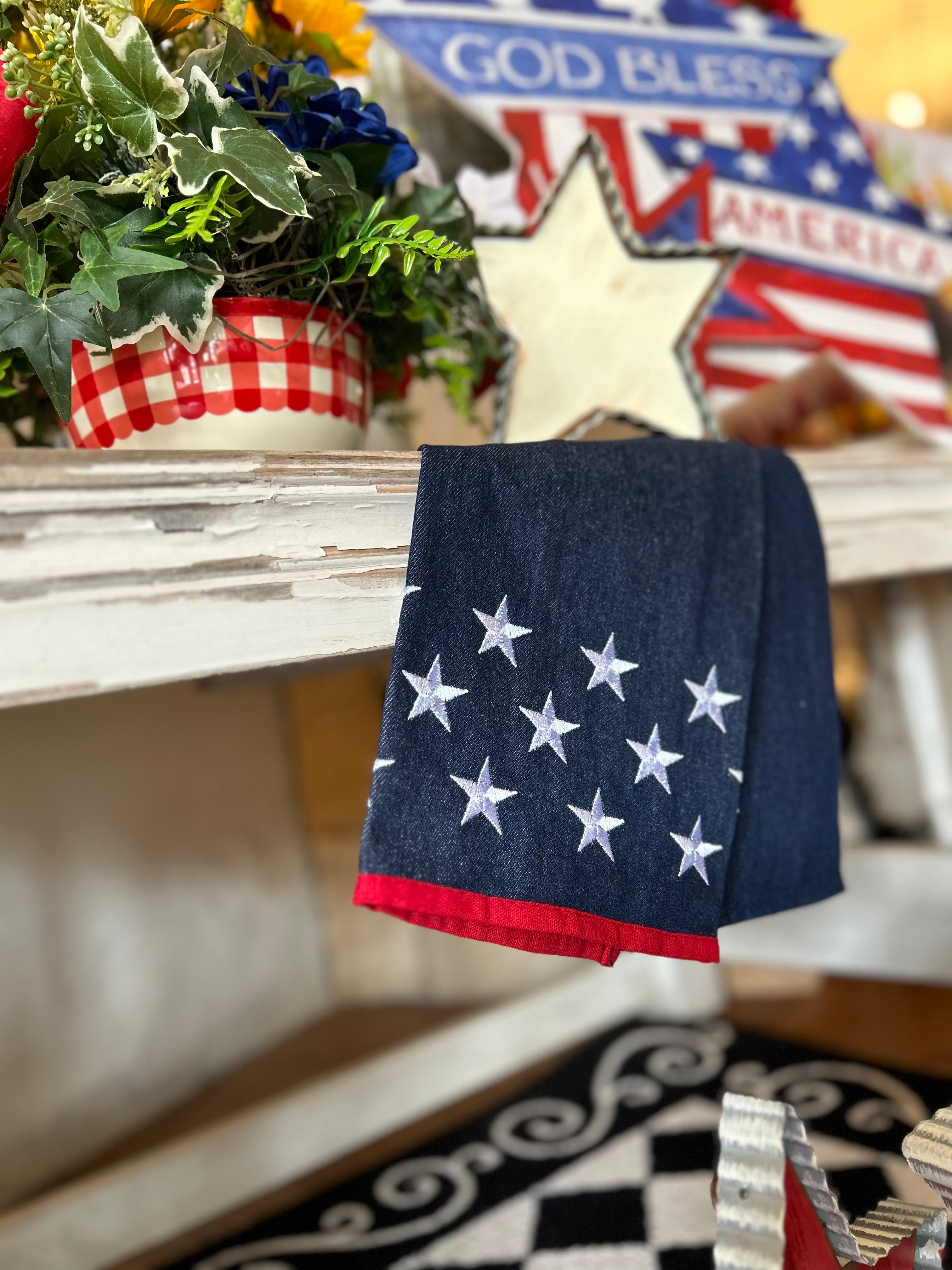 Denim Americana Hand Towel with Stars and Red Trim