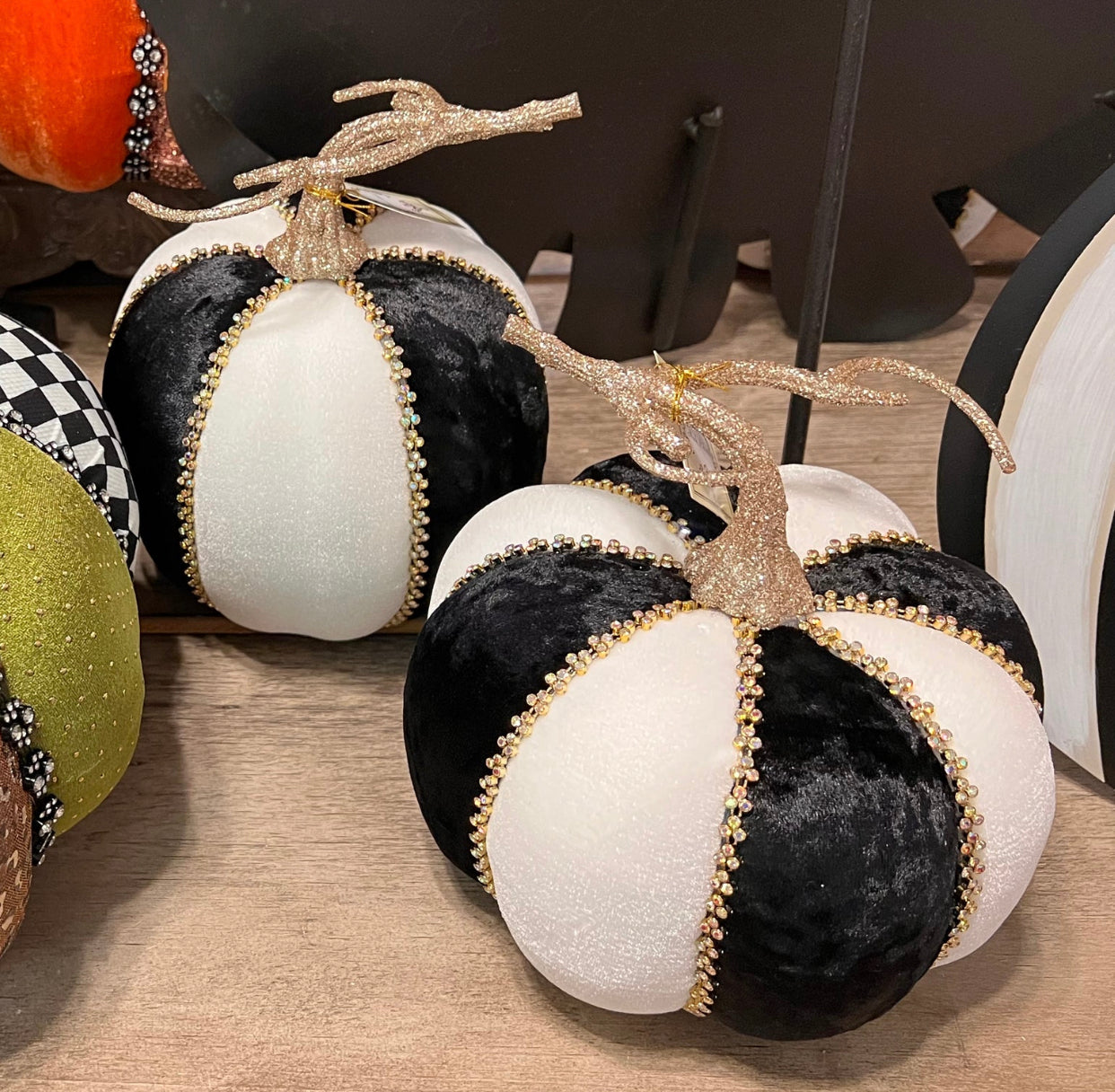 Set of 2 Black and White Striped Pumpkins with Sparkling Detail