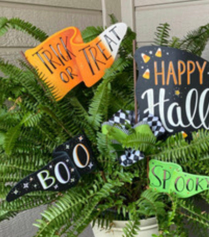 Trick or Treat in Candy Corn Pattern Metal Flag with Stake