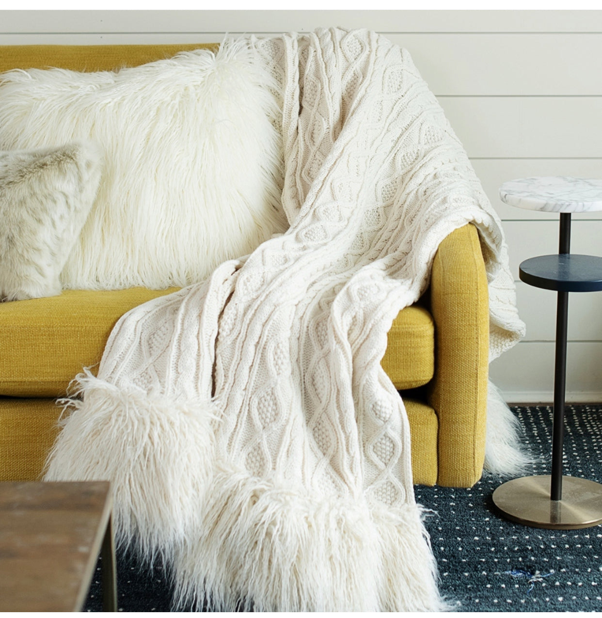 Ivory Knit Mongolian Faux Fur Throw