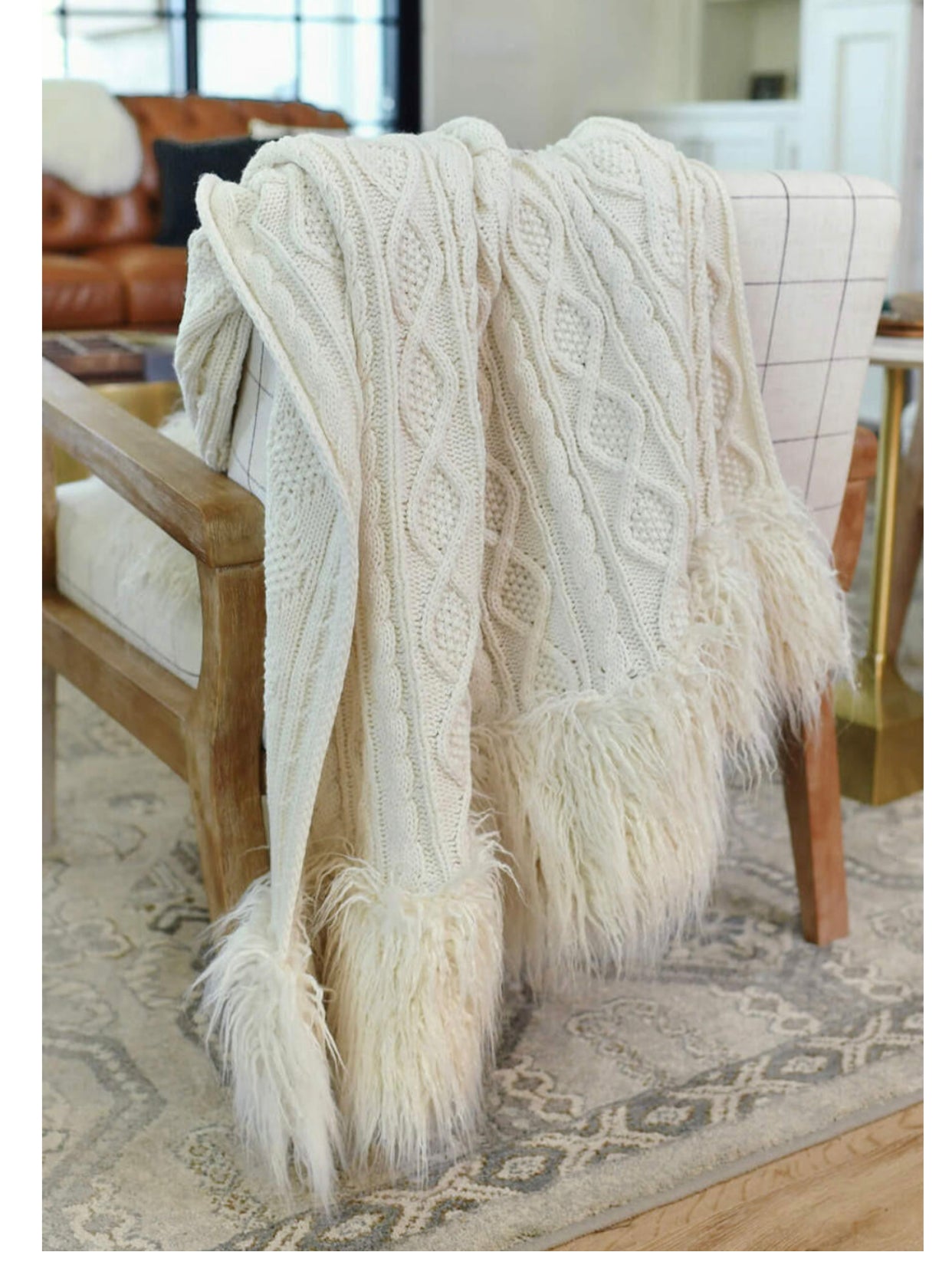 Ivory Knit Mongolian Faux Fur Throw