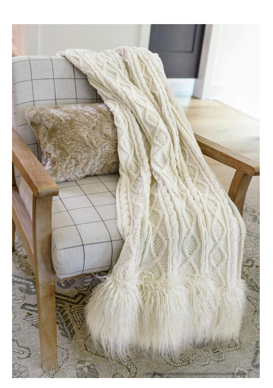 Ivory Knit Mongolian Faux Fur Throw