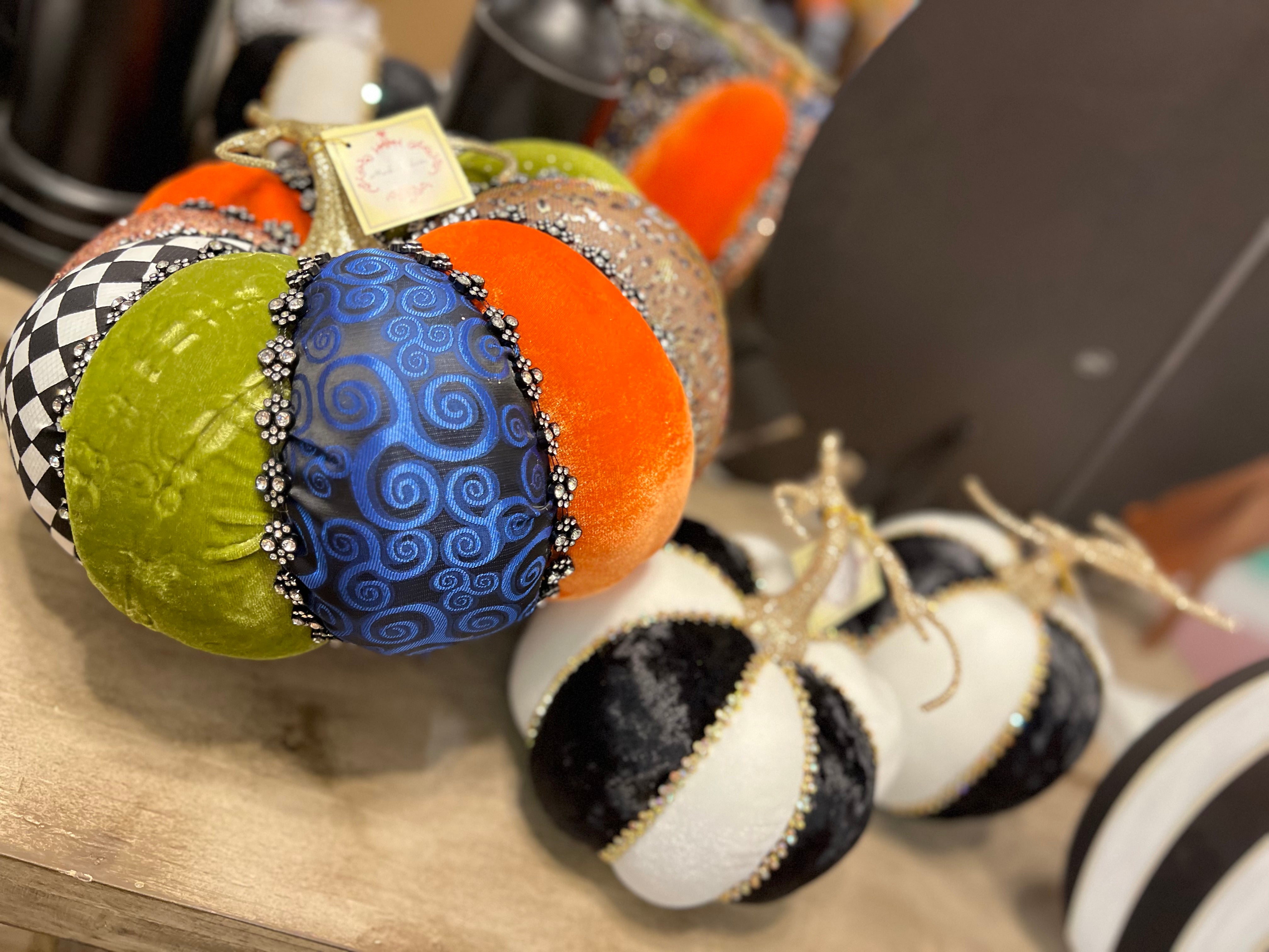 Set of 2 Black and White Striped Pumpkins with Sparkling Detail