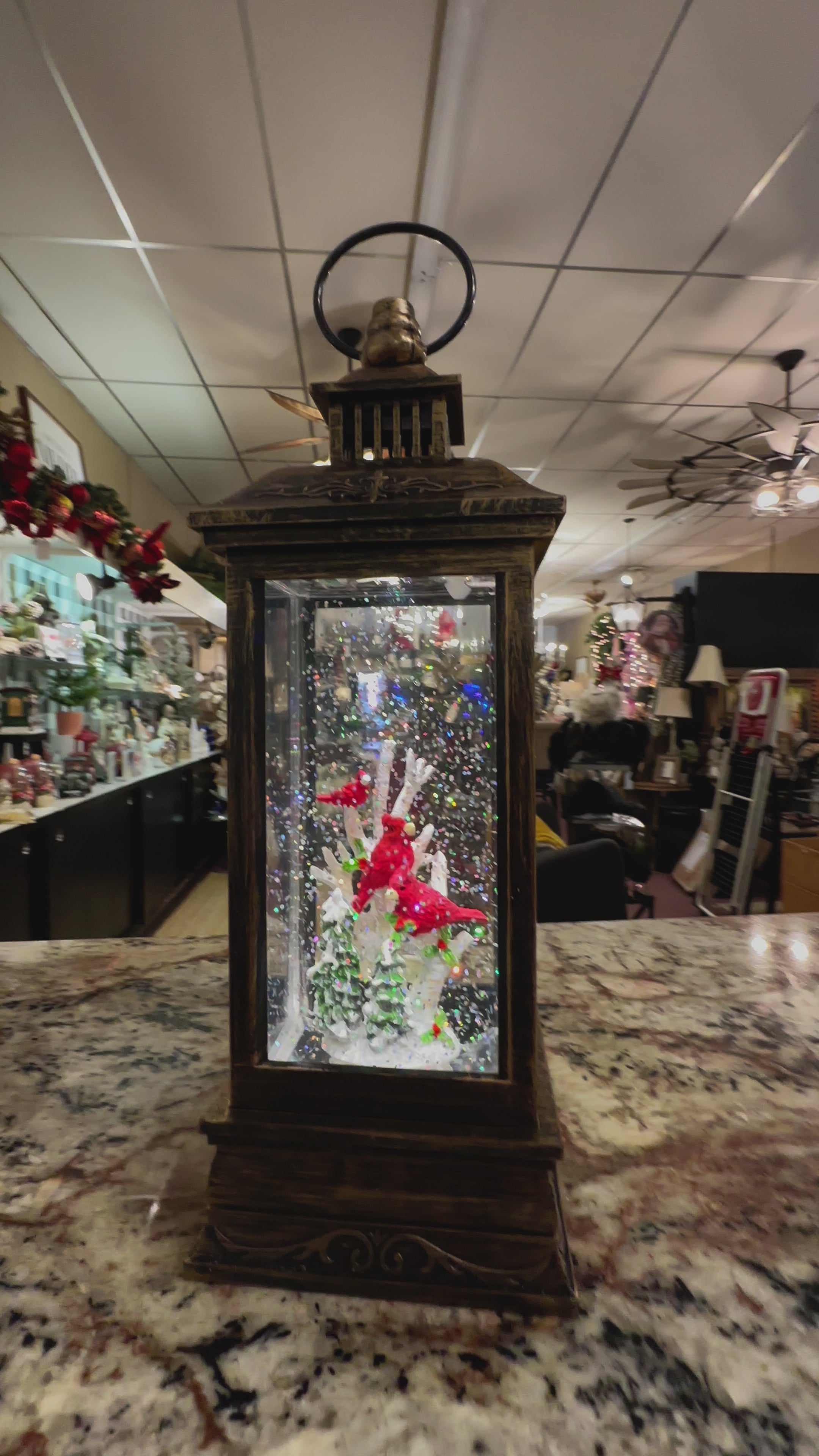 Musical 🎵Bronze Lantern Snow Globe with Cardinals