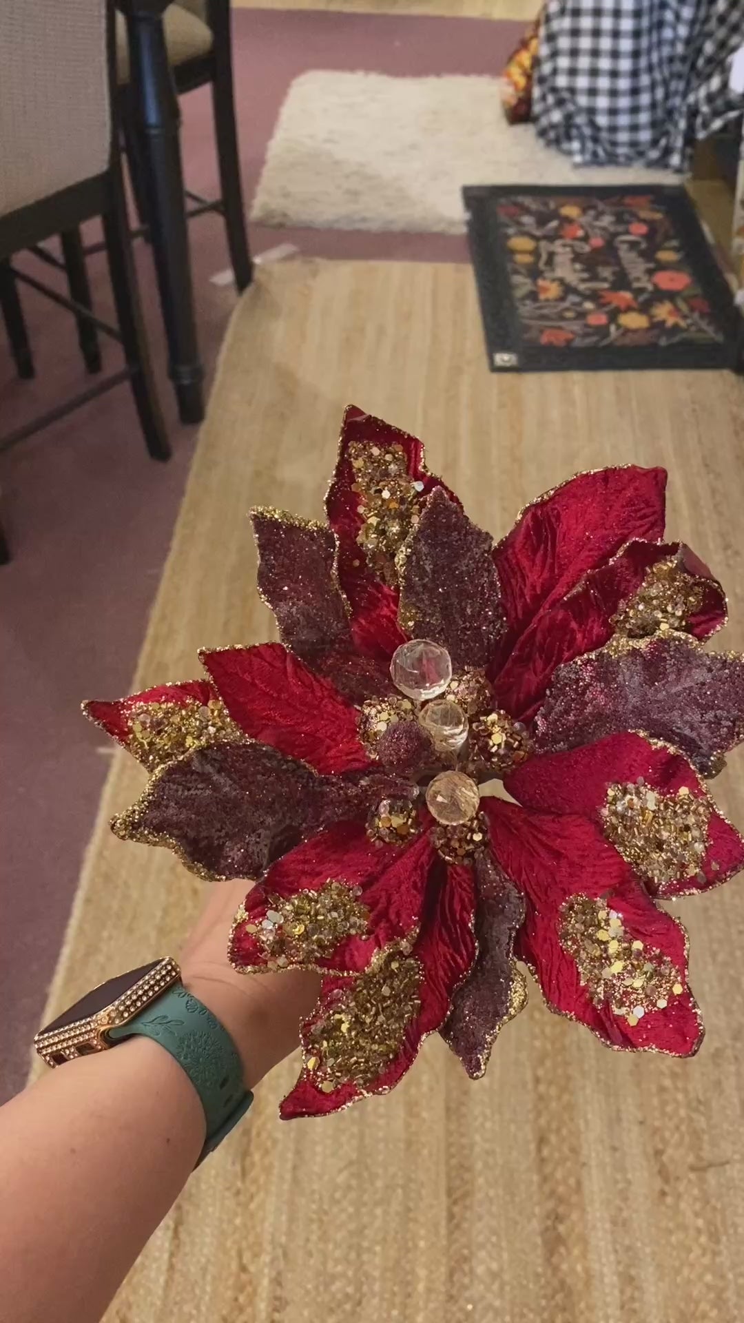 Glam Burgundy/Plum Velvet Poinsettia with Gold Sequins Pack of 3