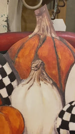 Load and play video in Gallery viewer, Pile of Orange/White Pumpkins with Black &amp; White Check Pumpkin Metal Stake and Easel
