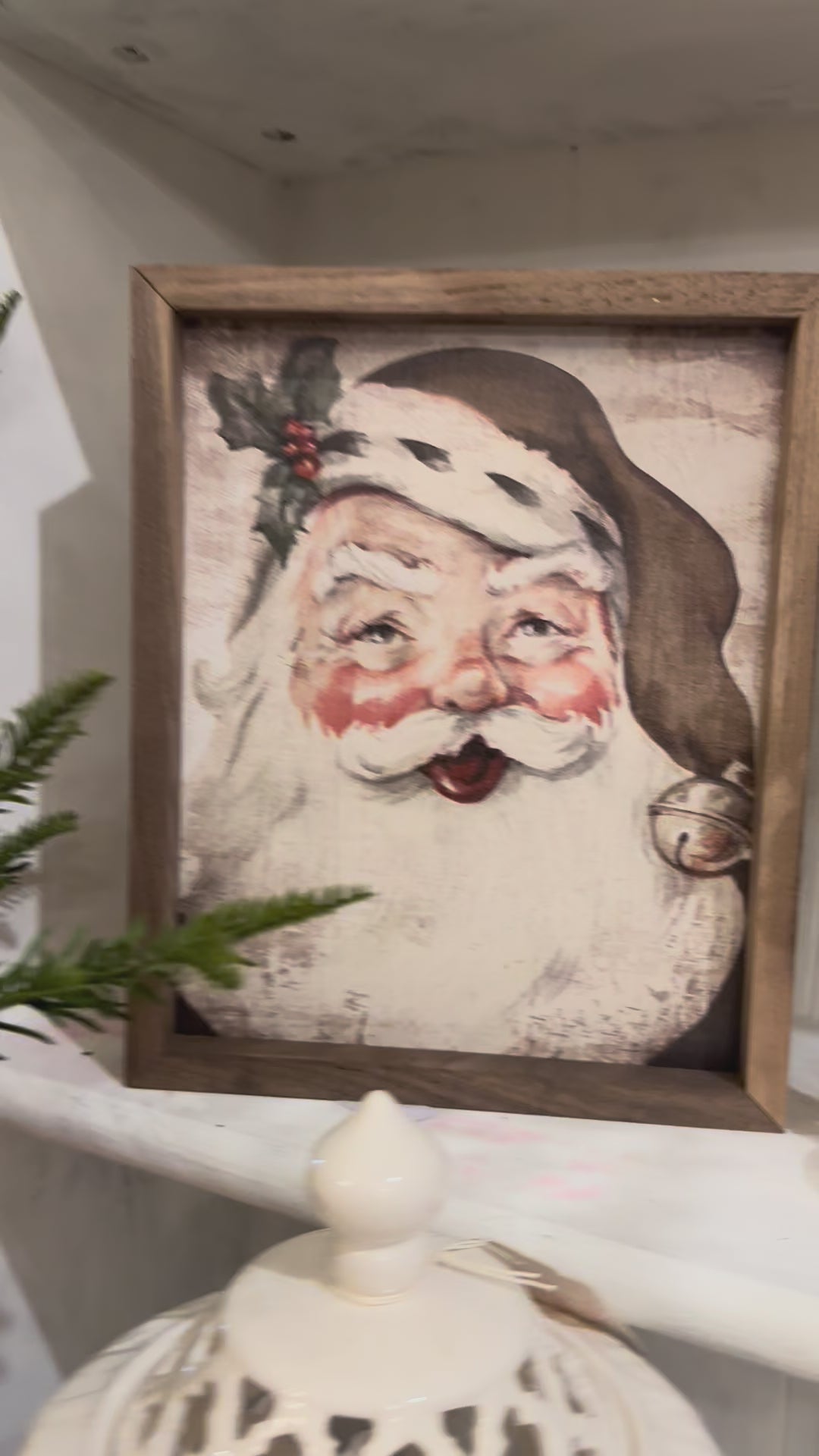 Classic Santa Wooden Art Neutral with Wood Frame Christmas Art