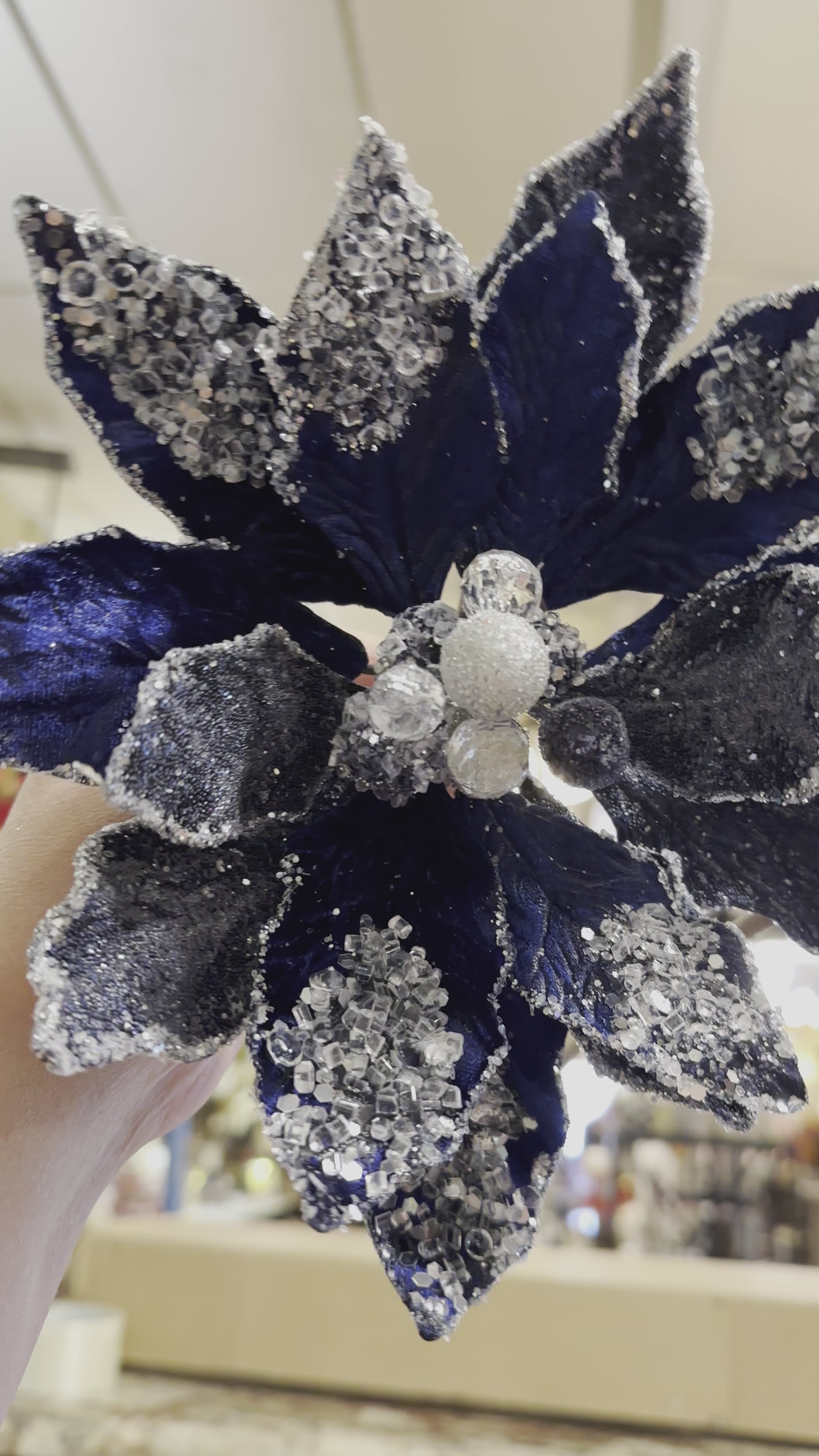 Navy/Blue Glam White Crystal Velvet Poinsettia with Sequins Pack of 3