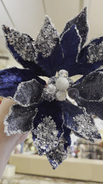 Load and play video in Gallery viewer, Navy/Blue Glam White Crystal Velvet Poinsettia with Sequins Pack of 3
