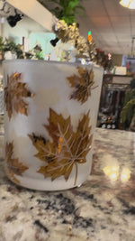 Load and play video in Gallery viewer, Autumn Nights Set of 3 Frosted LED Candles Gold Leaf Pattern
