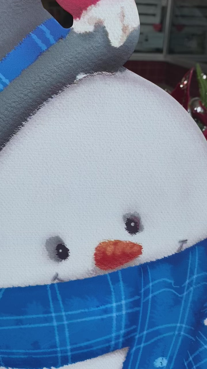 Snowman with Blue Plaid Scarf Metal Christmas Stake with Attached Stakes
