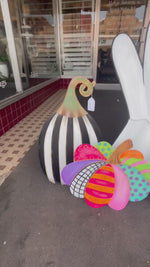 Load and play video in Gallery viewer, New! Fall Whimsical Patterned Metal Pumpkin Yard Stake Check, Stripes, Polka Dots
