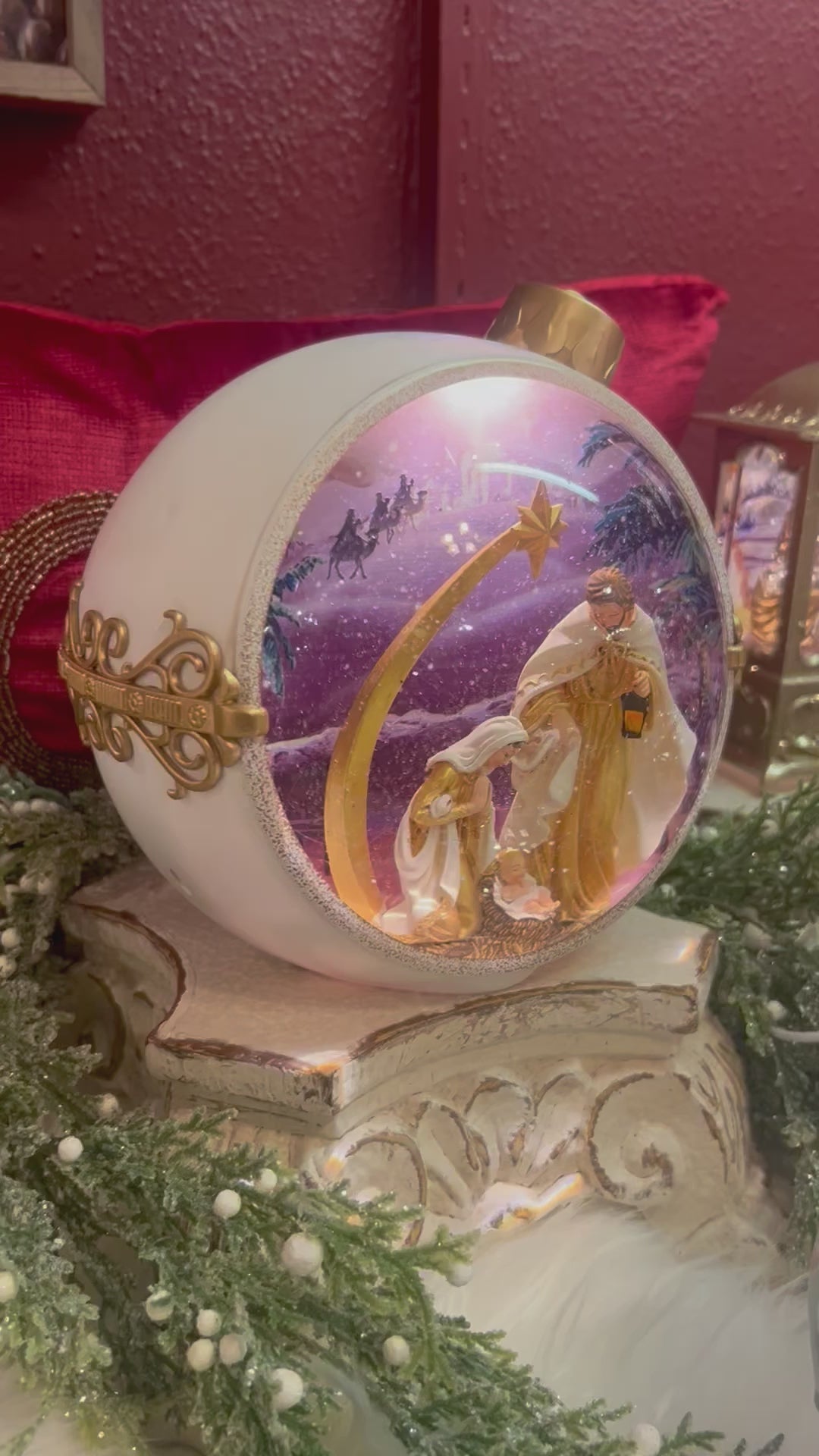 White and Gold Ornament Holy Family Snow Globe