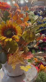 Load and play video in Gallery viewer, Fall Mixed Sunflower Arrangement in White Bubble Vase
