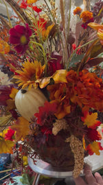 Load and play video in Gallery viewer, Fall Mixed Cream Pumpkin, Burgundy, Gold Sunflowers, and Stems in Rustic Bronze Copper Resin Pot
