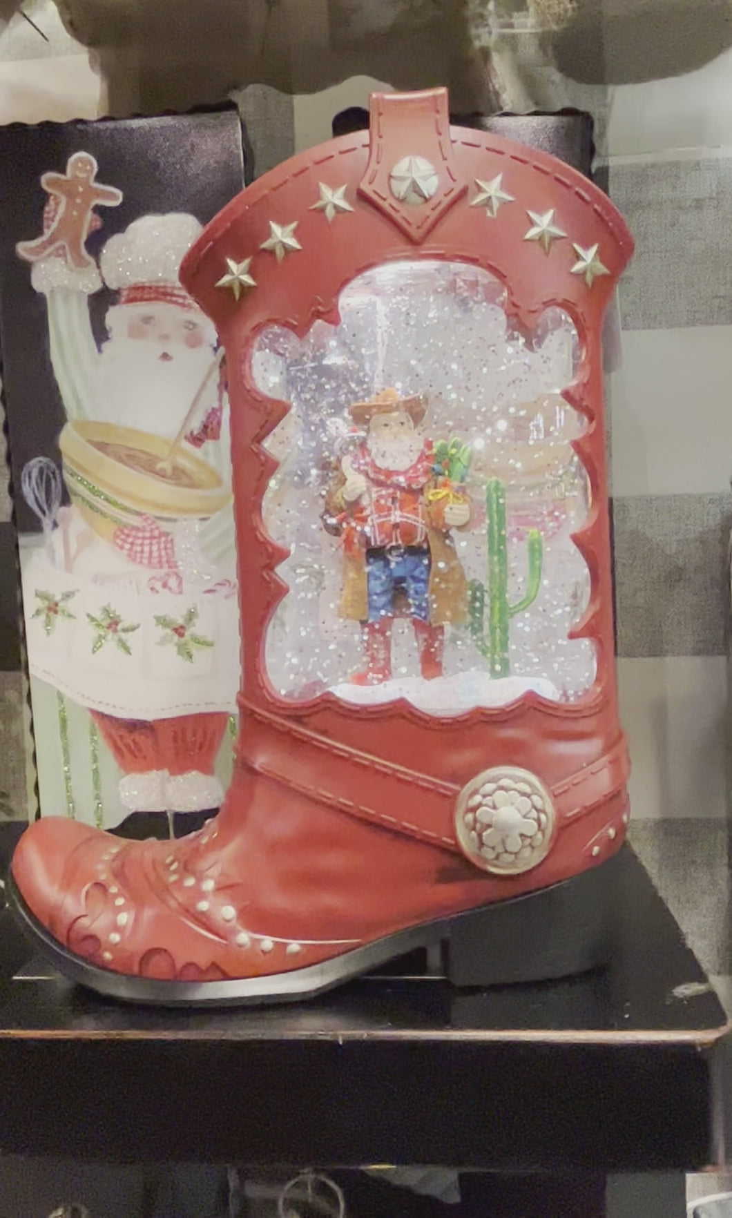 Western Red Cowboy Boot Snow Globe with Santa