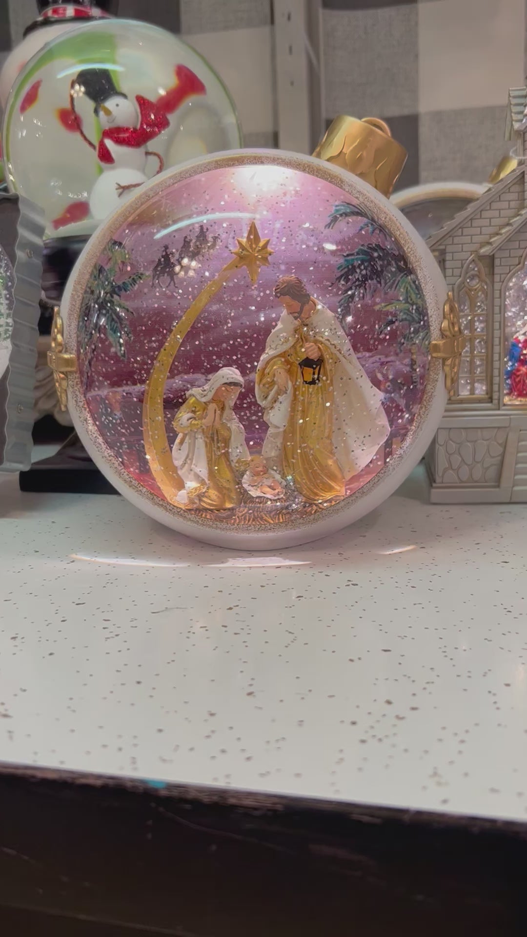 White and Gold Ornament Holy Family Snow Globe