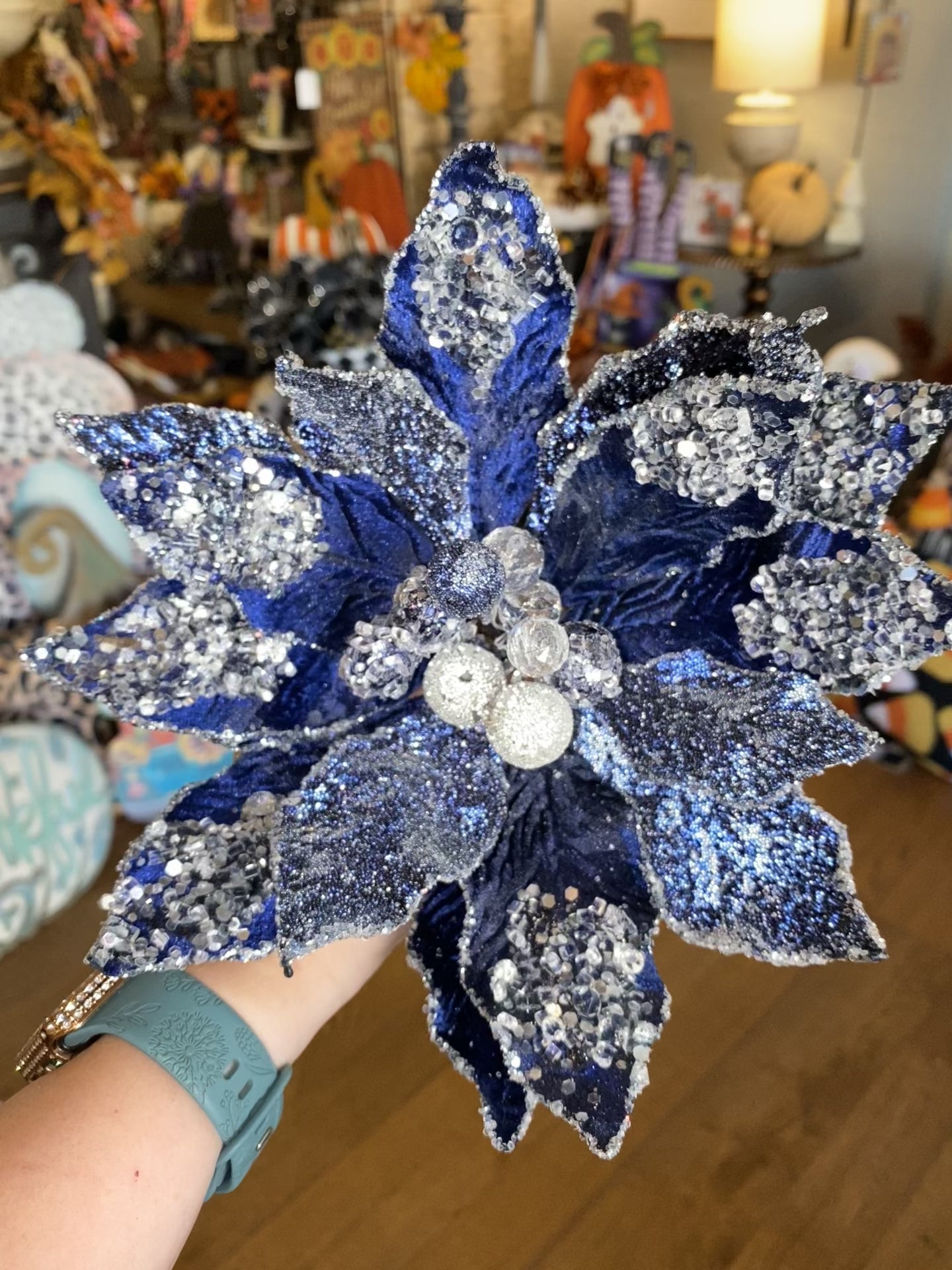 Navy/Blue Glam White Crystal Velvet Poinsettia with Sequins Pack of 3